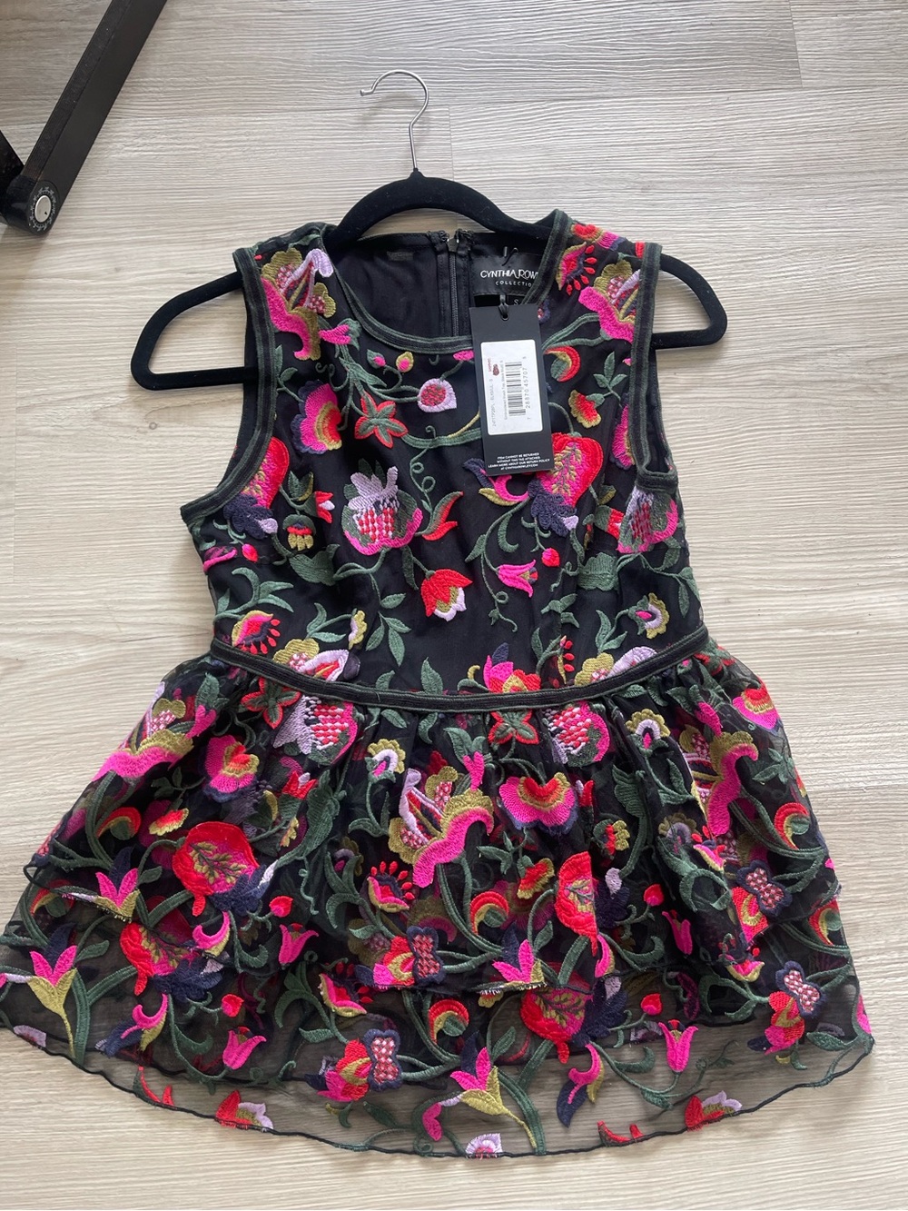 Cynthia Rowley Black Mesh Dress with Pink & Red Floral Embroidery